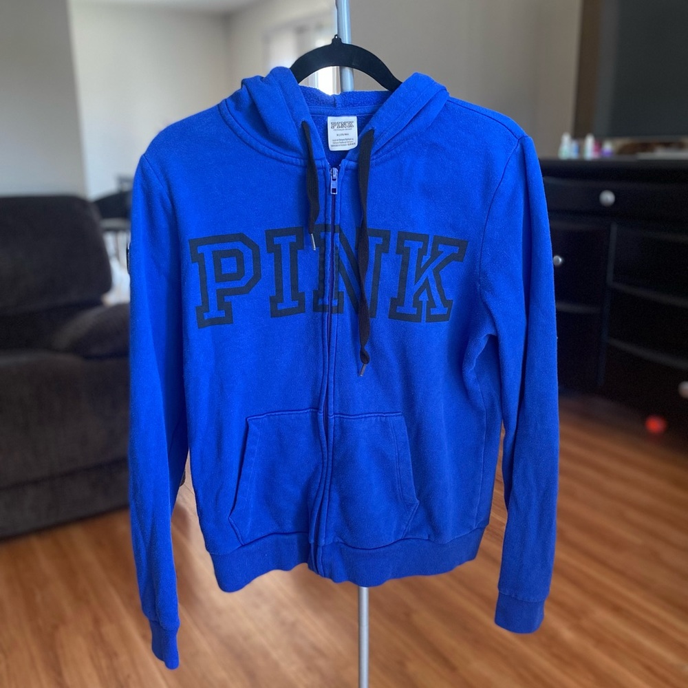 VS PINK dark blue zip up logo hooded jacket